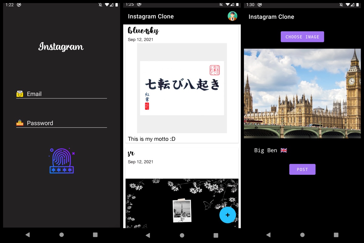 Screens from the Instagram Clone app