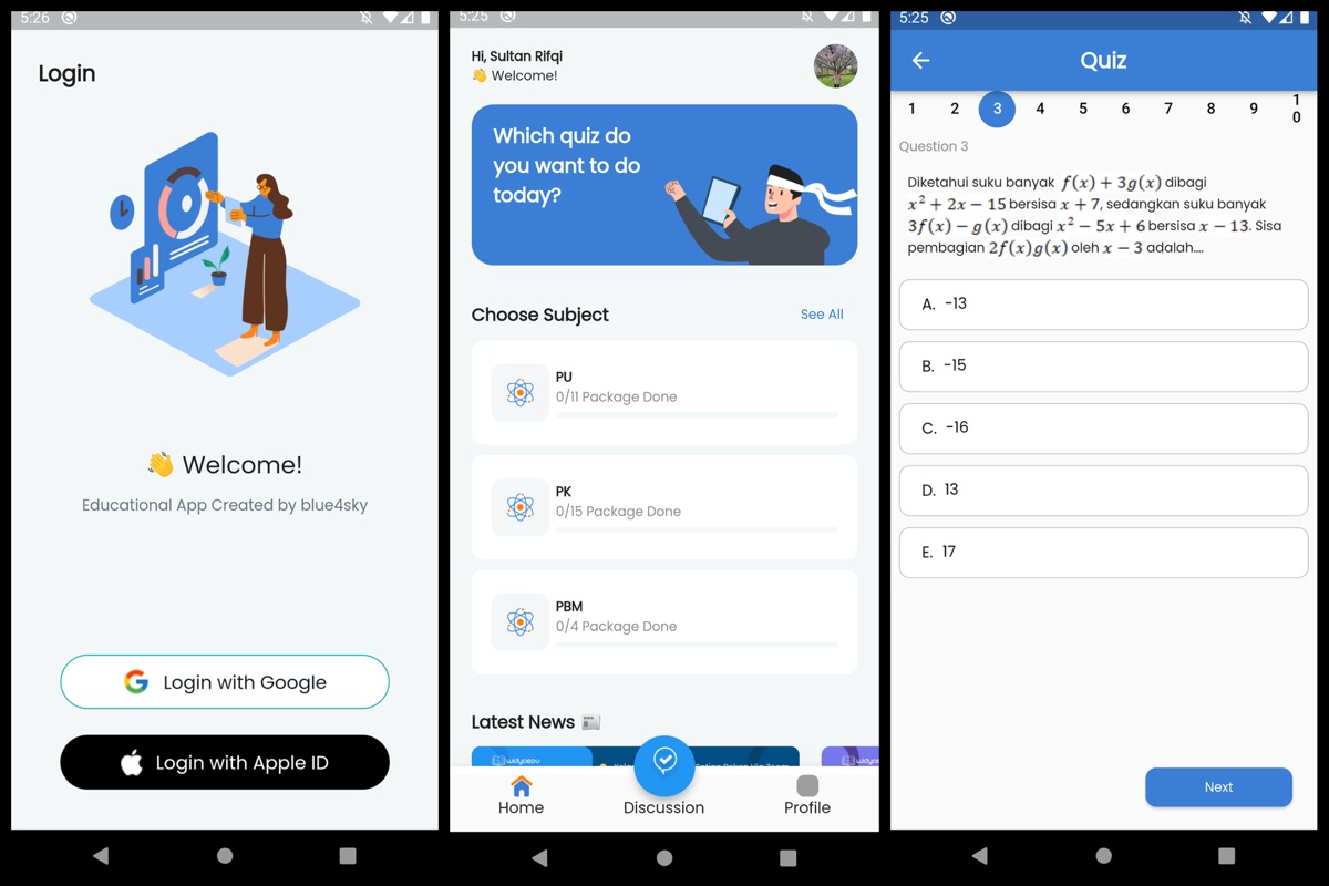 Screens from the Educational Quiz App