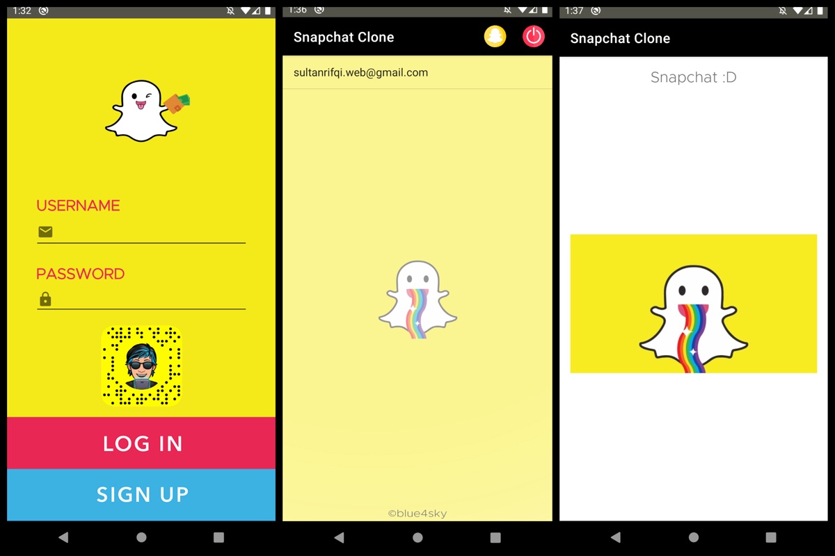 Screens from the Snapchat Clone app
